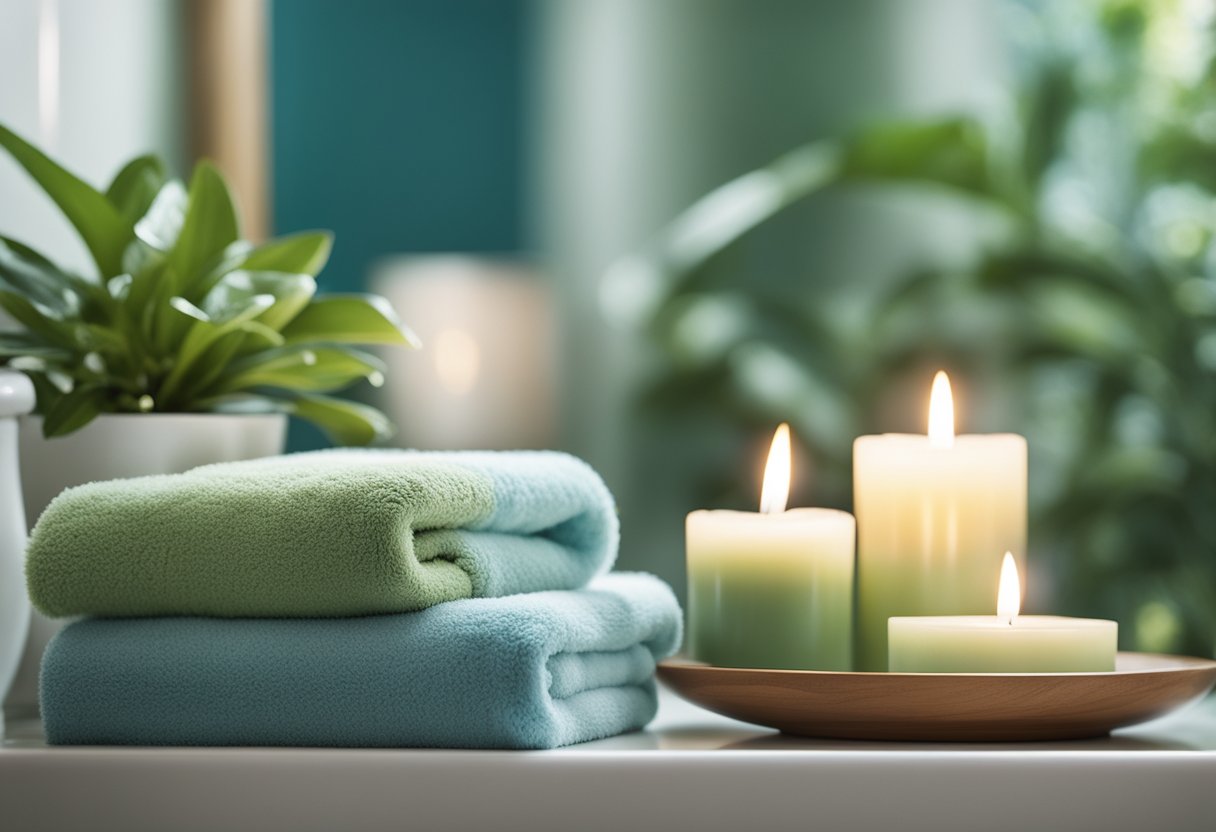 A serene bathroom with soft blue and green color scheme, featuring fluffy towels, scented candles, and potted plants for a spa-like ambiance