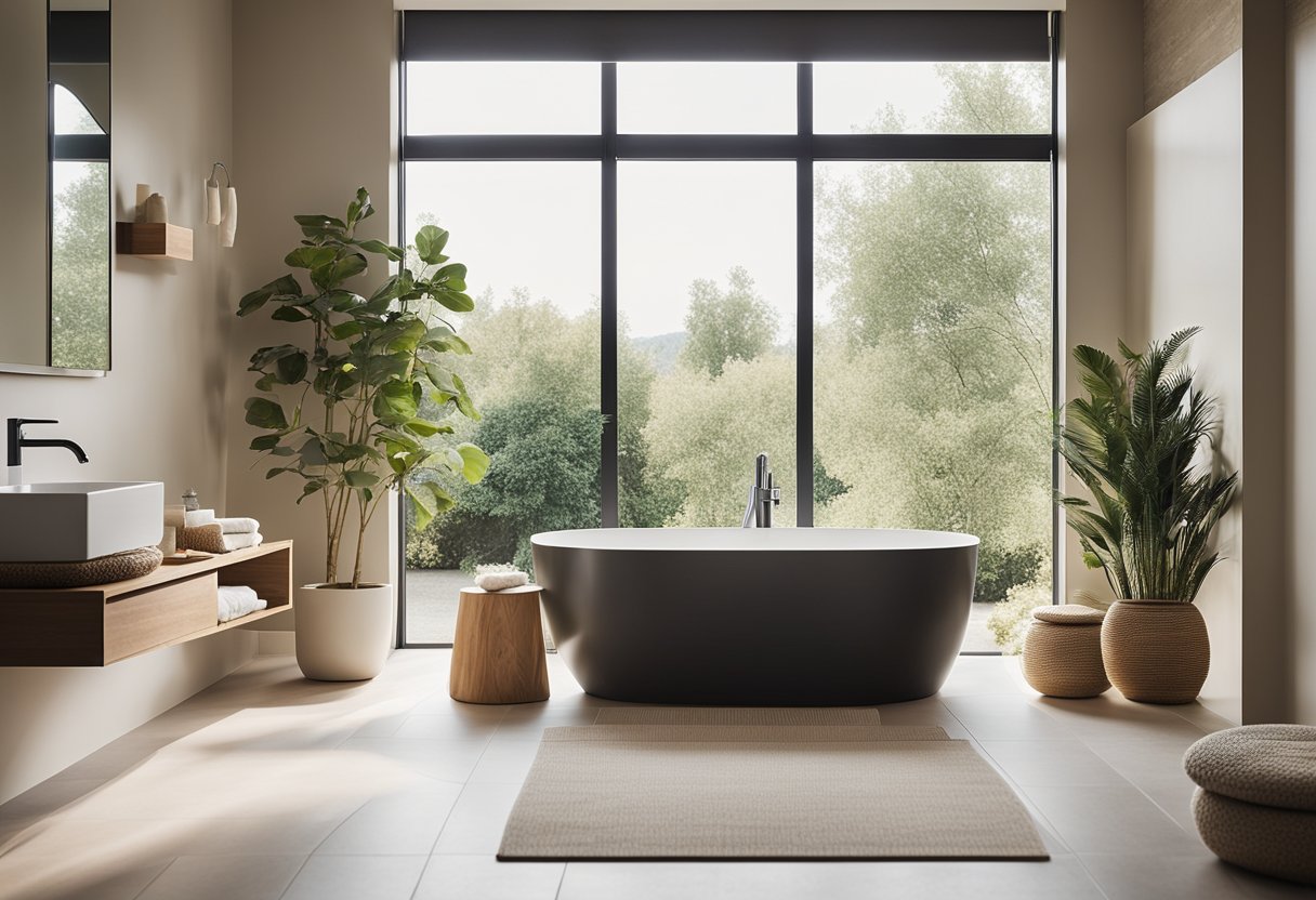 A serene bathroom with soft, neutral colors, natural materials, and minimalistic decor exuding a sense of tranquility and relaxation