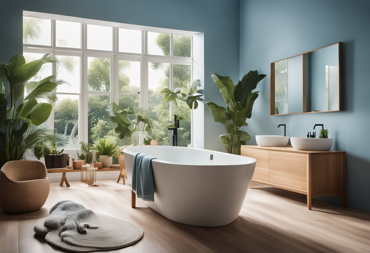 A serene bathroom with soft blue walls, natural wood accents, and a hint of greenery. A large, freestanding bathtub sits in the center, surrounded by candles and fluffy towels