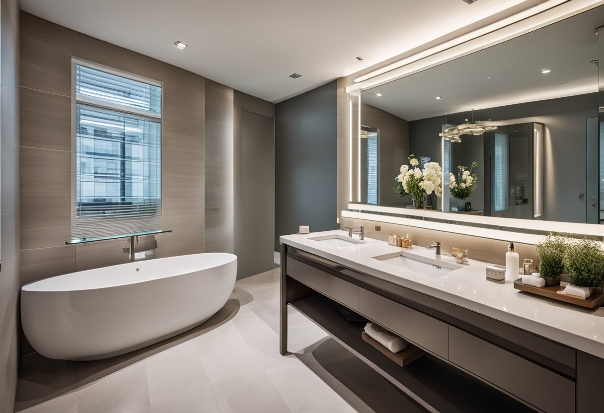 A spacious bathroom with a sleek, modern makeup vanity, featuring ample storage and a well-lit mirror. The vanity is the perfect size for the space, adding functionality and style to the room