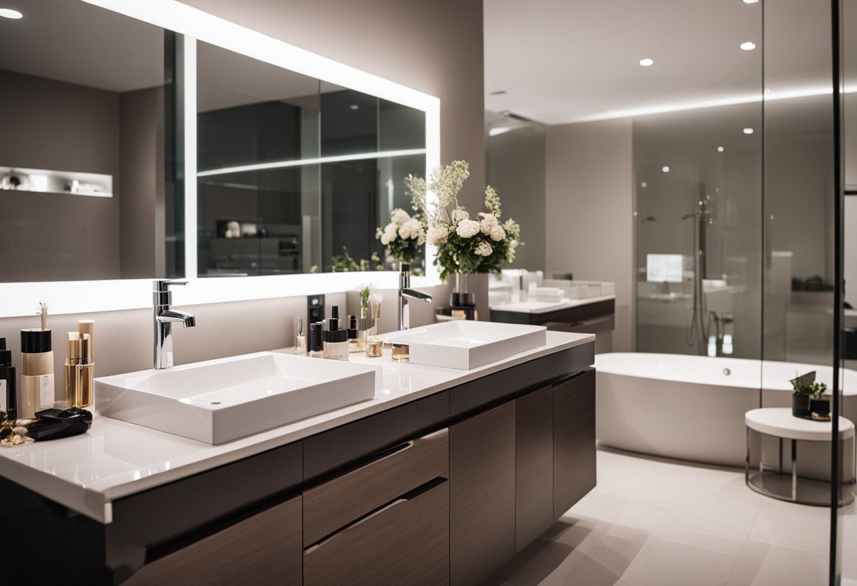 A modern, sleek bathroom vanity with a large mirror, organized makeup products, and elegant lighting