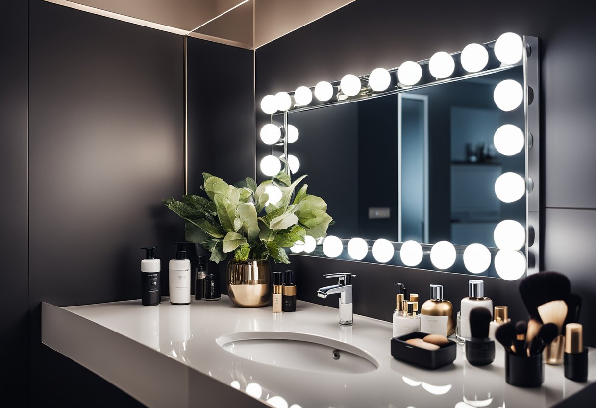 A sleek, modern bathroom vanity with a mirror, organized makeup storage, and soft lighting