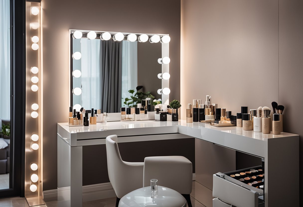 A well-lit bathroom makeup vanity with a sleek mirror, adjustable LED lighting, and organized storage for makeup and beauty products