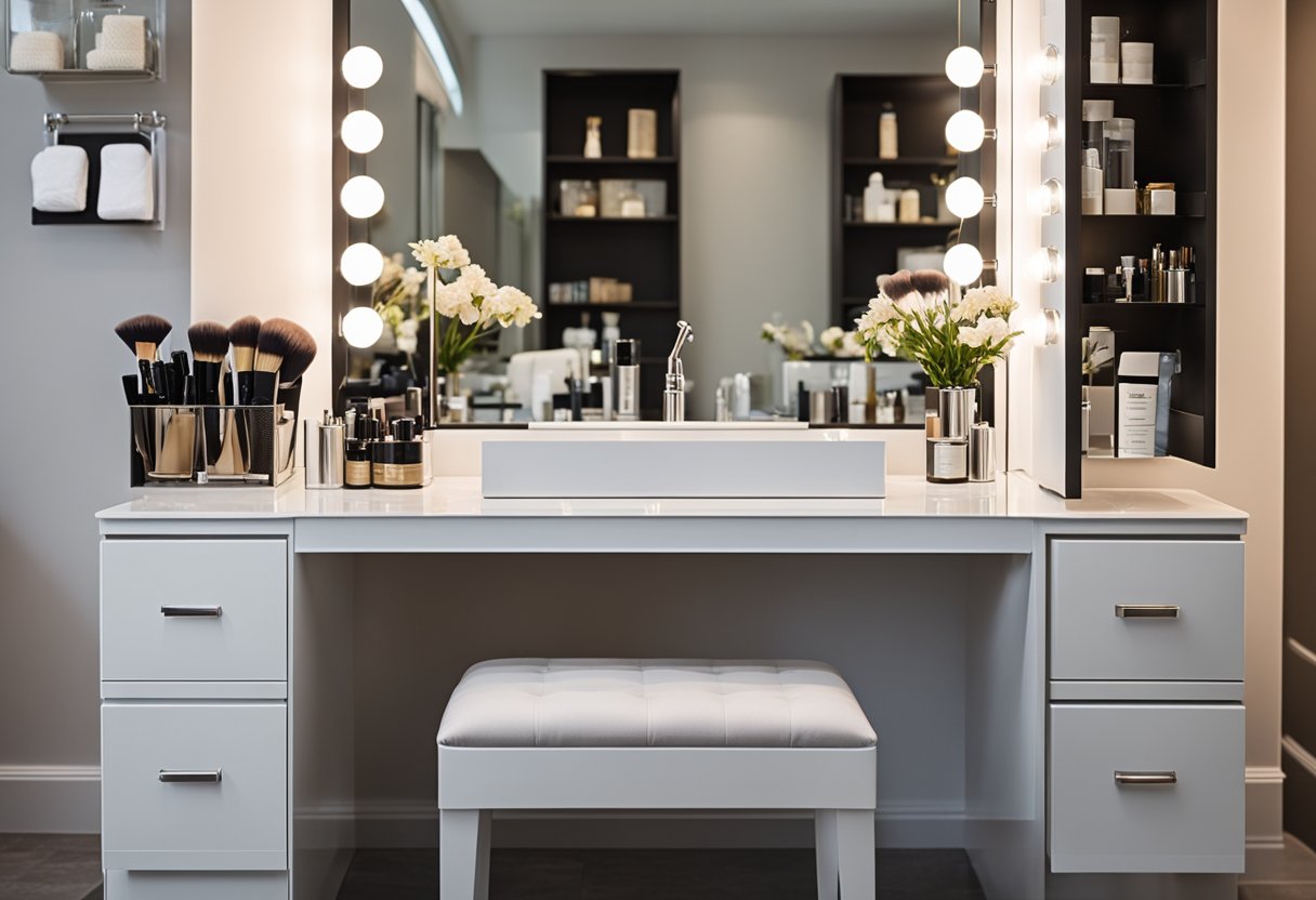 A sleek, modern bathroom makeup vanity with built-in storage compartments and a large mirror. Accessories and makeup neatly organized on the counter