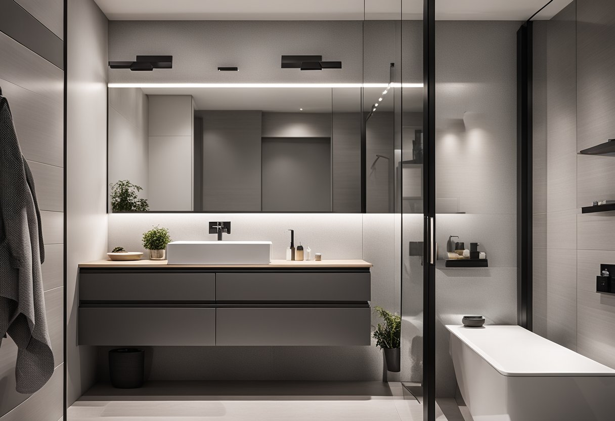 A sleek, modern bathroom vanity with a monochromatic color scheme, featuring minimalist decor and soft, warm lighting