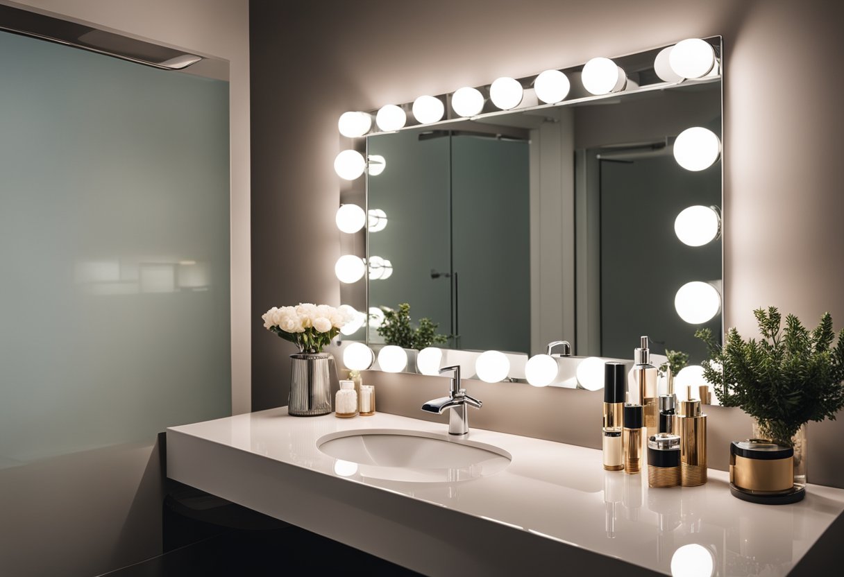 A sleek, modern bathroom vanity with a large mirror and stylish lighting. Accessories and makeup neatly arranged on the counter