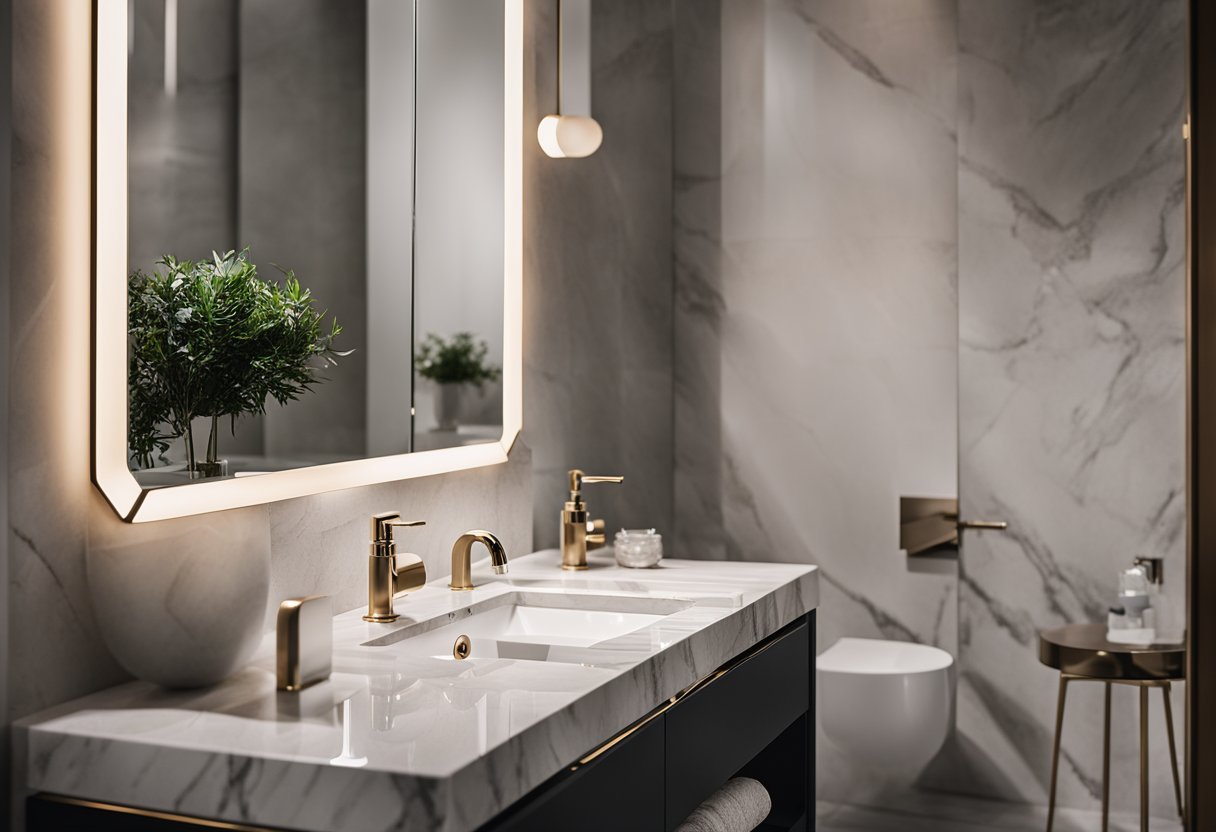 A modern bathroom with a sleek faucet and a stylish sink on a marble vanity