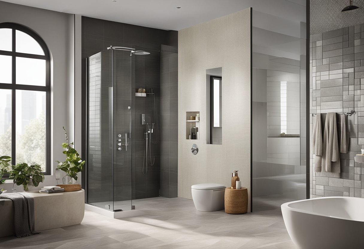 A spacious bathroom with elegant shower tiles in various materials and designs. The tiles are arranged in a visually appealing pattern, creating a standout feature in the room