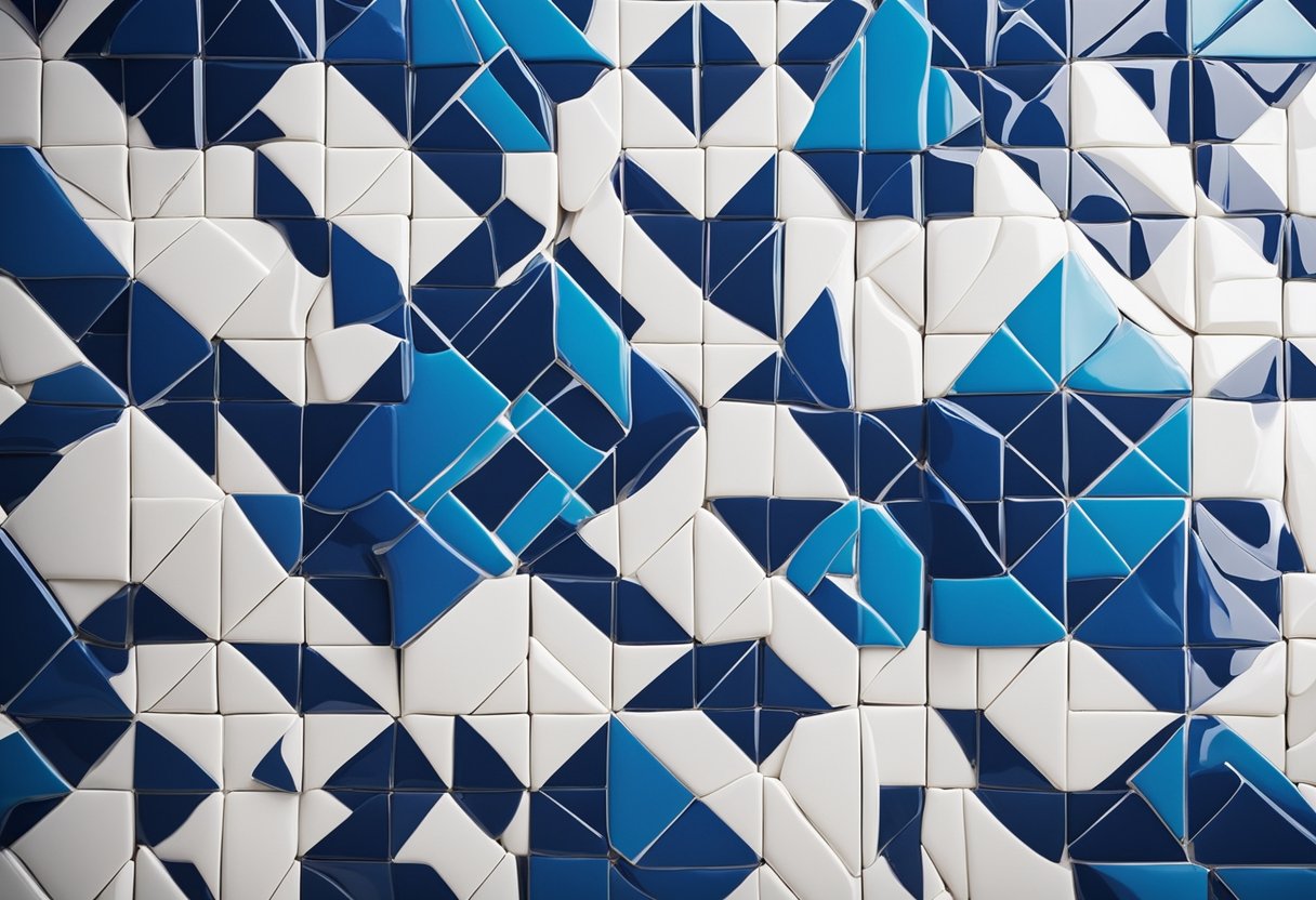 Vibrant blue and white geometric tiles create a bold and modern statement in the shower. Intricate patterns and a mix of textures add visual interest to the space