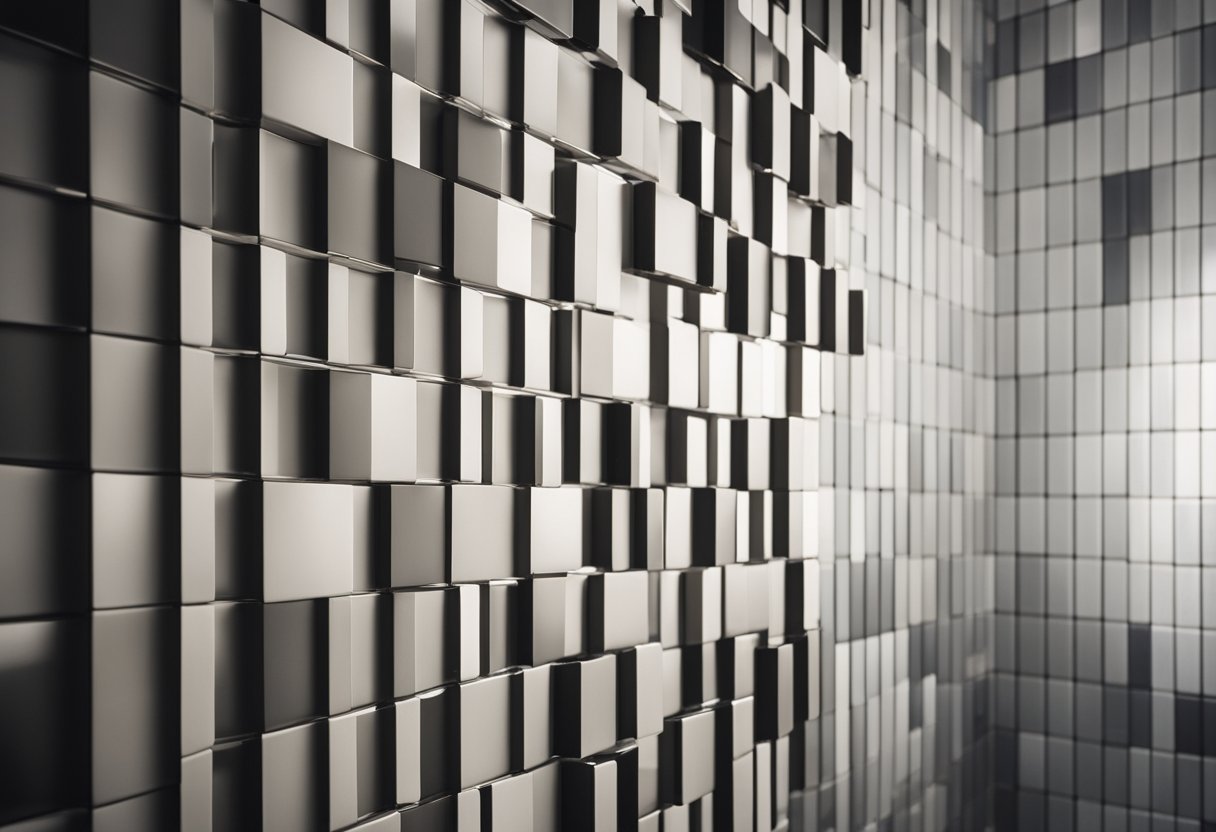 A shower with large, rectangular tiles in a vertical orientation. The tiles are a mix of light and dark shades, creating a visually striking and modern design