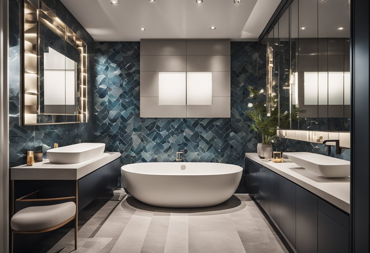 A modern bathroom with unique tile patterns and creative layouts, showcasing innovative features and stunning design elements