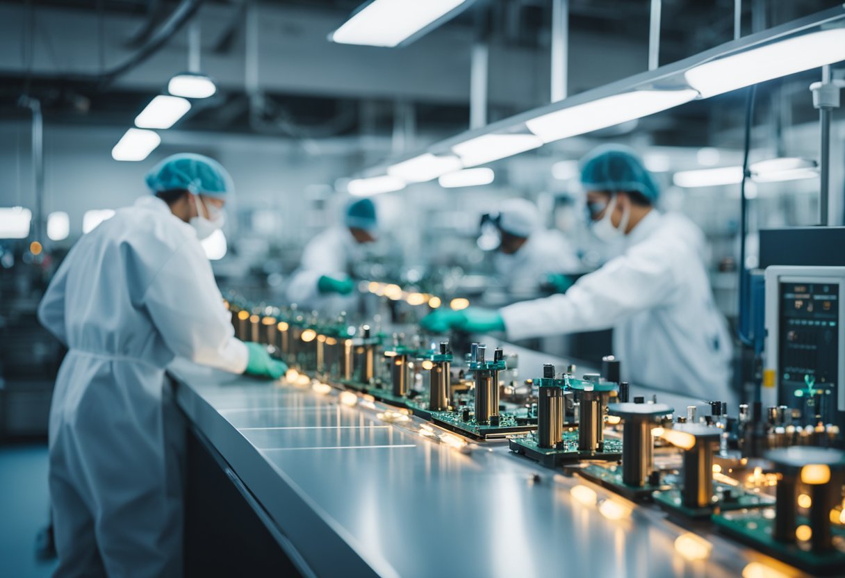 A circuit board assembly line in a clean, well-lit facility with workers in protective gear, soldering irons, and robotic arms