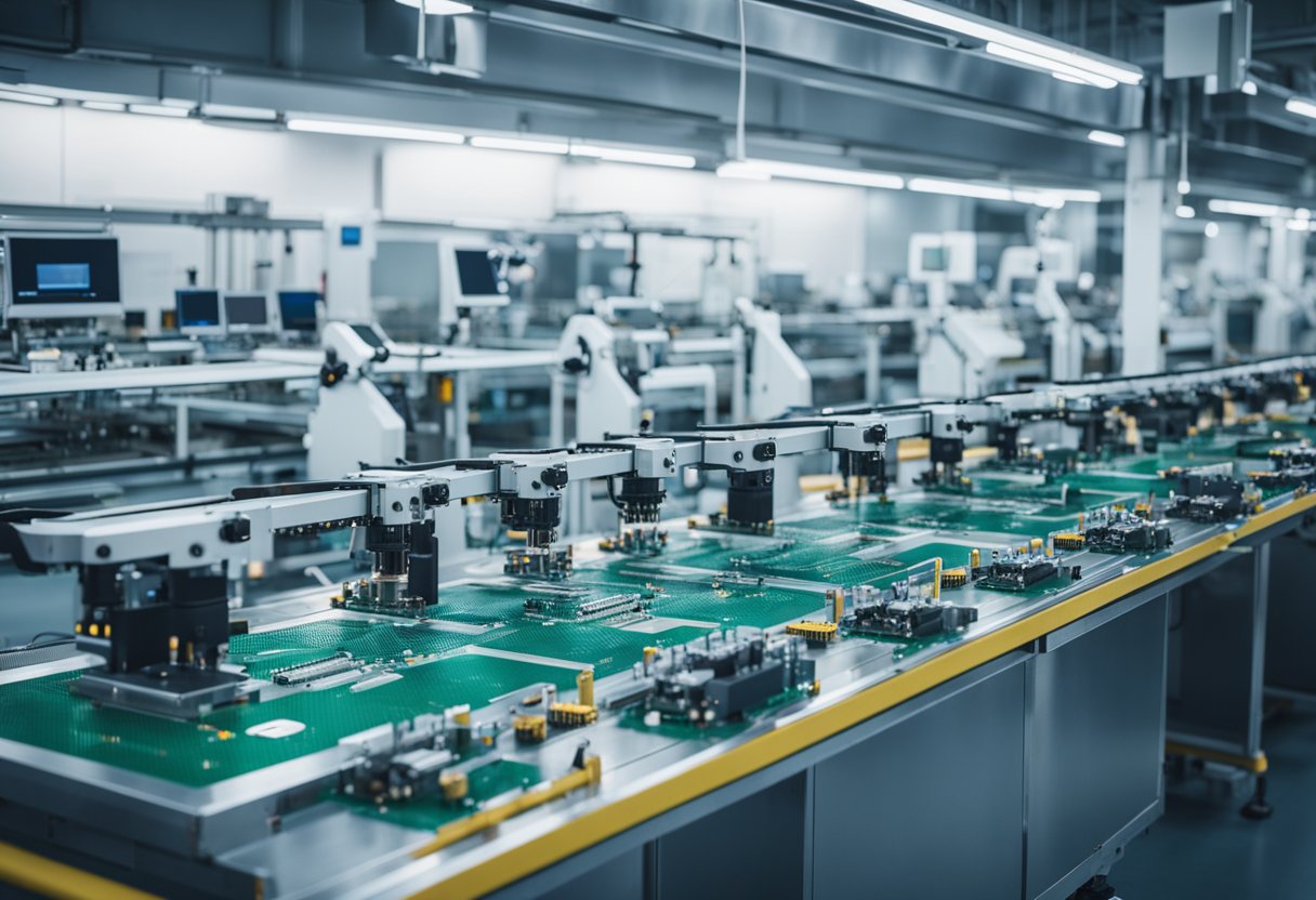 Machines assemble PCBs in a spacious, well-lit factory. Conveyor belts transport components to be soldered by robotic arms. Quality control stations line the perimeter, ensuring precision and consistency