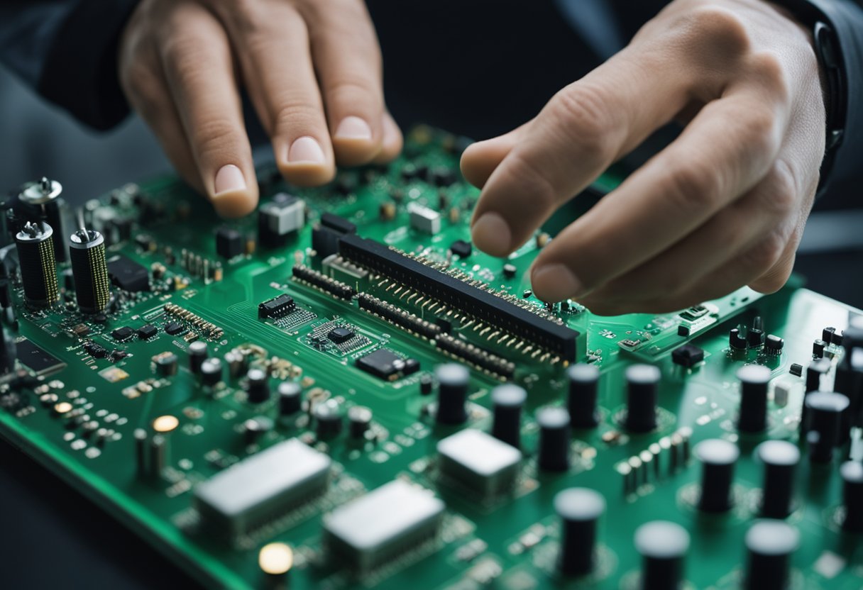 A technician carefully places electronic components onto a green PCB board, surrounded by precision machinery
