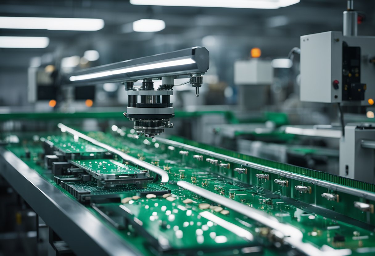 A conveyor belt moves circuit boards through a high-tech assembly line at Speedy PCB Assembly Services. Robotic arms swiftly place components onto the boards with precision