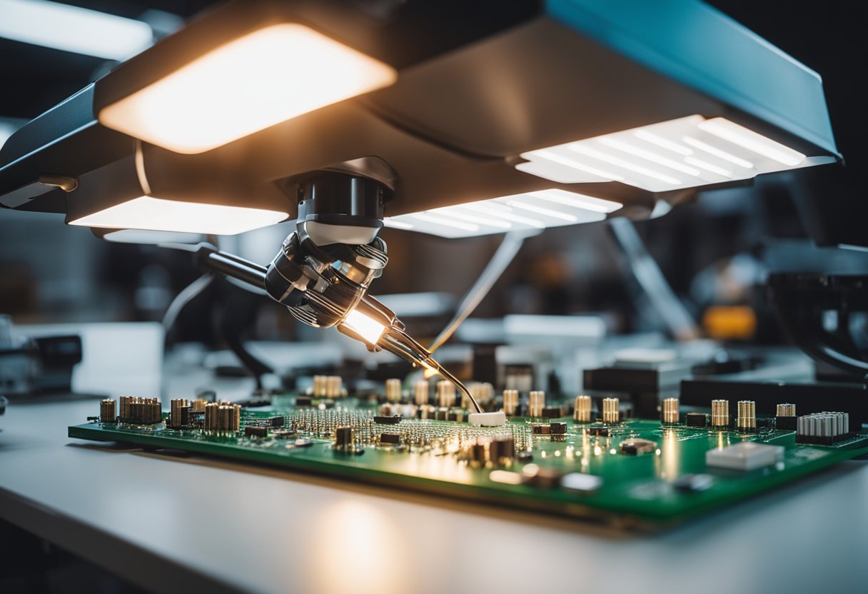 A rigid PCB assembly is being soldered with precision under bright overhead lights in a clean and organized workspace