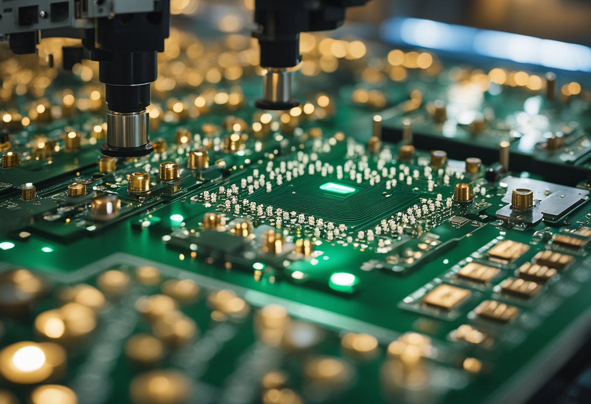 Multiple PCBs arranged on a production line, with components being soldered onto the boards by robotic arms