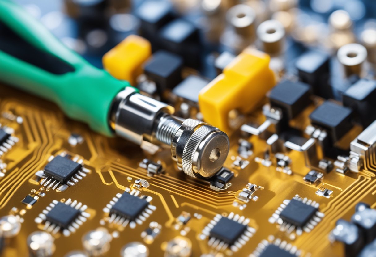 Soldering iron joins components on printed circuit board