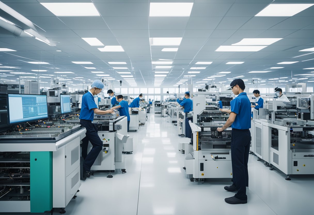 PCB assembly machines in a bright, clean factory setting, with workers in the background