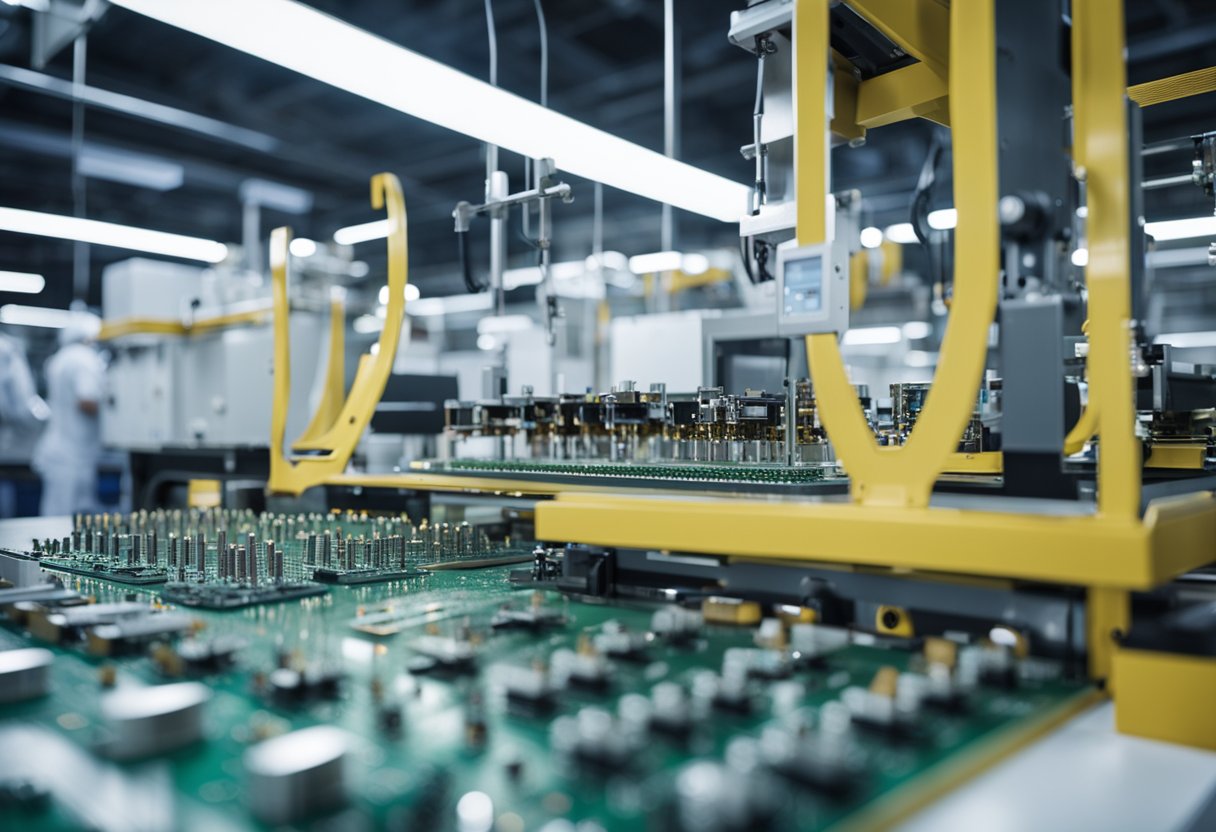 Various PCB assembly machines and equipment are busy in a modern Canadian manufacturing facility, with components and boards being assembled and tested