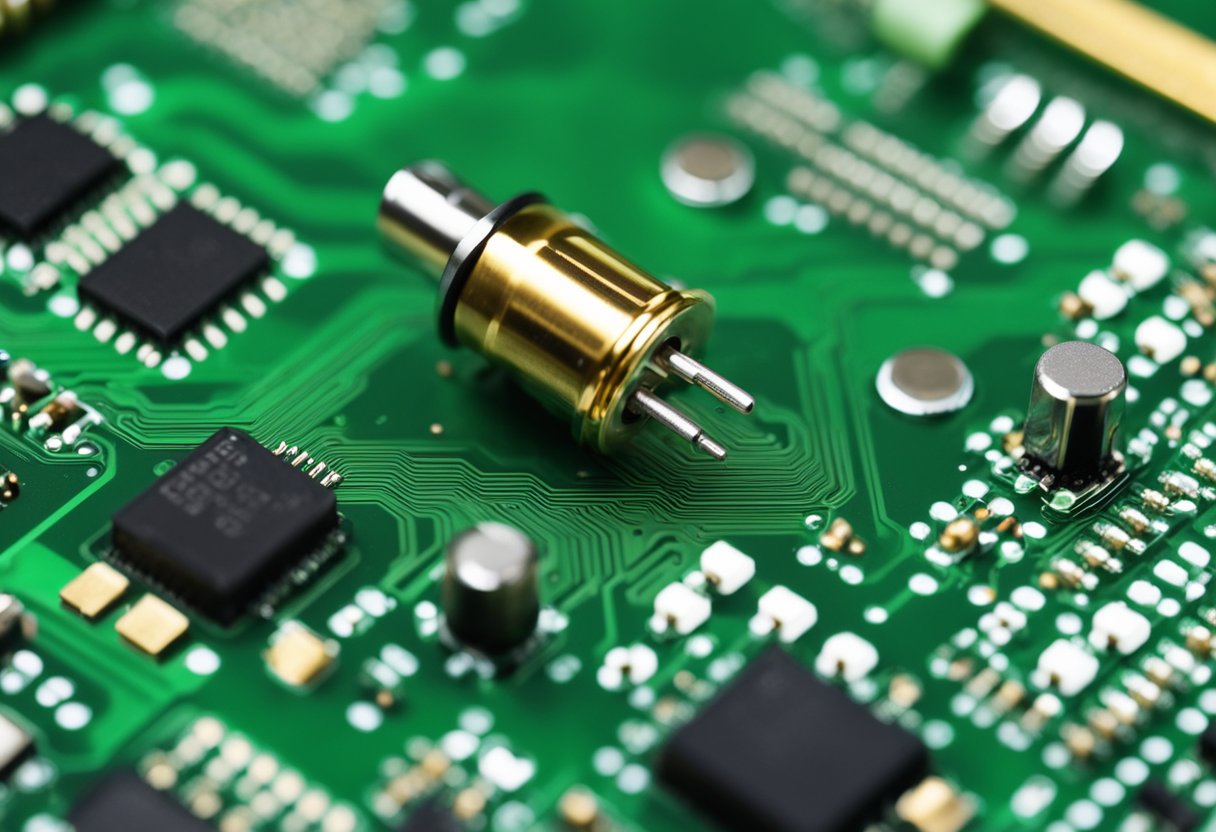 Components are placed on a green PCB. Soldering iron melts solder to connect parts. Finished board is inspected for quality