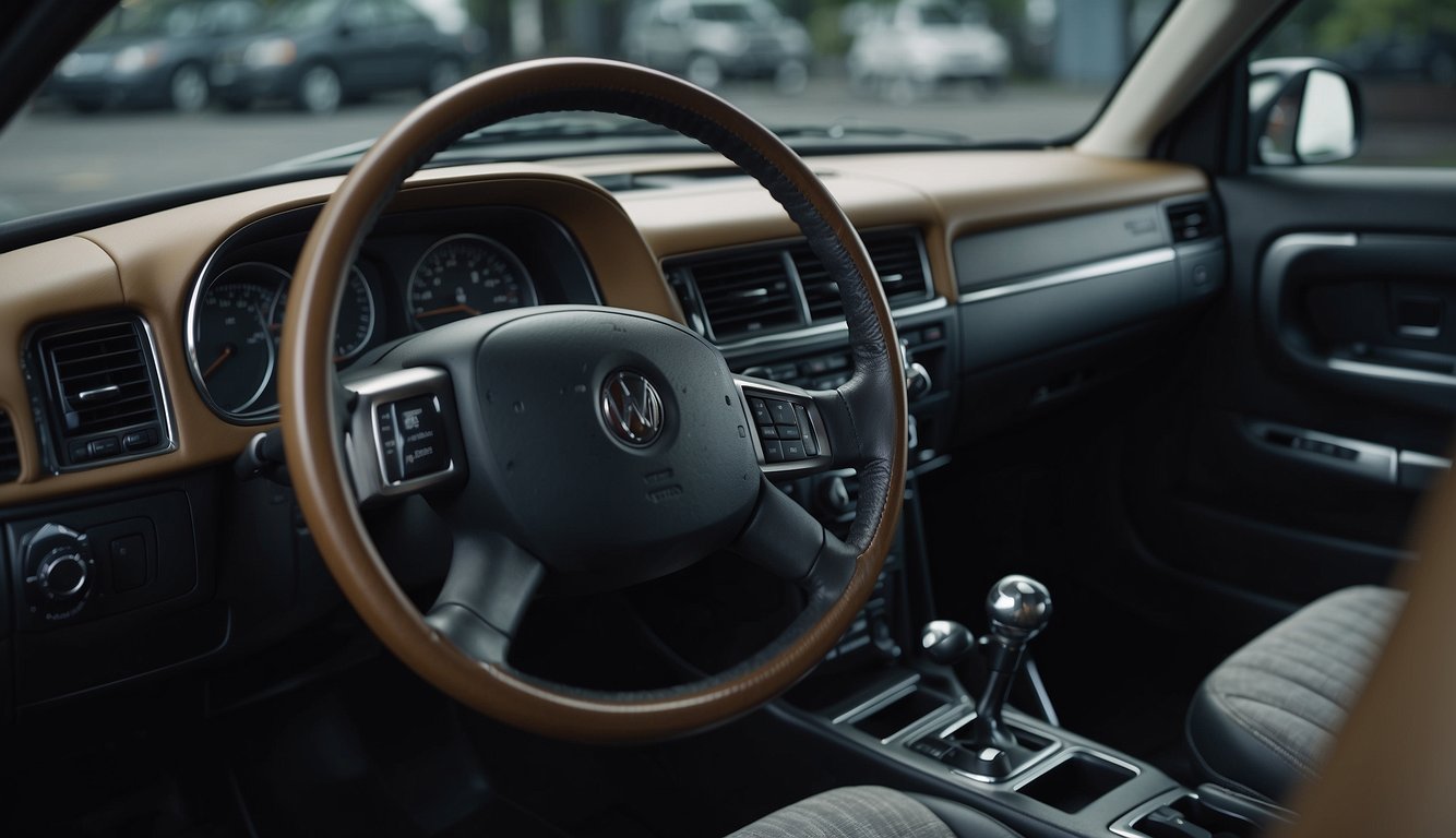 A cluttered, cramped car interior