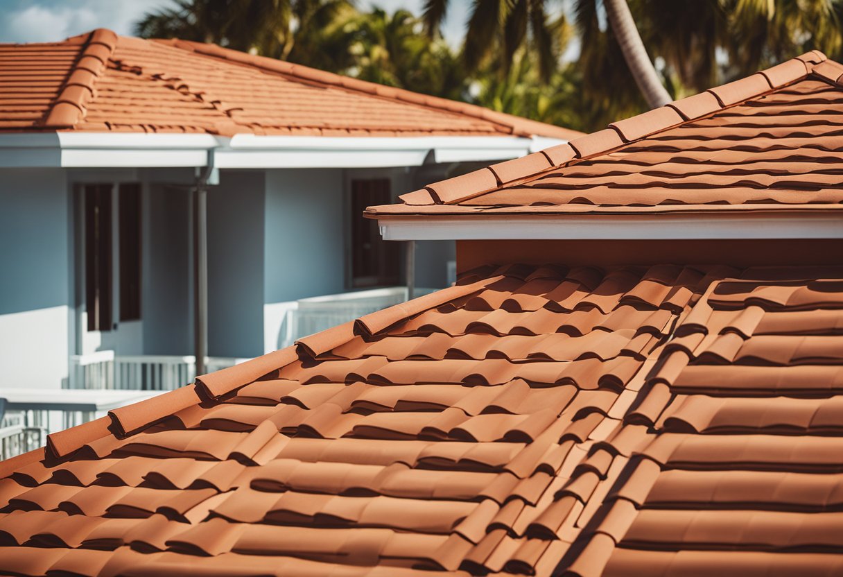 A sunny Florida neighborhood with two contrasting roofs: one with bright, terracotta tiles and the other with sleek, modern shingles