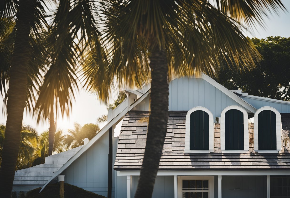 A sunny Florida landscape with two contrasting roofs: one traditional shingle and the other reflective metal