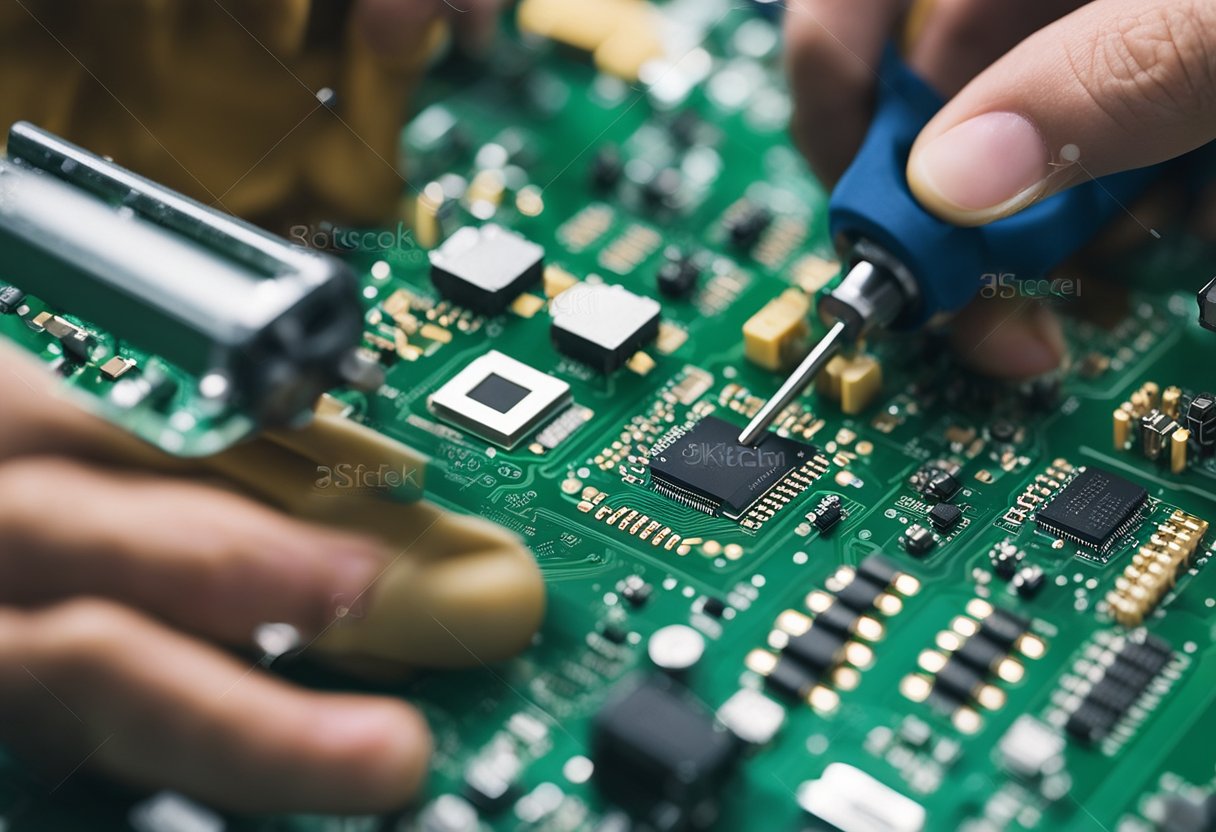 PCB components being soldered onto a circuit board with precision tools and equipment according to IPC standards