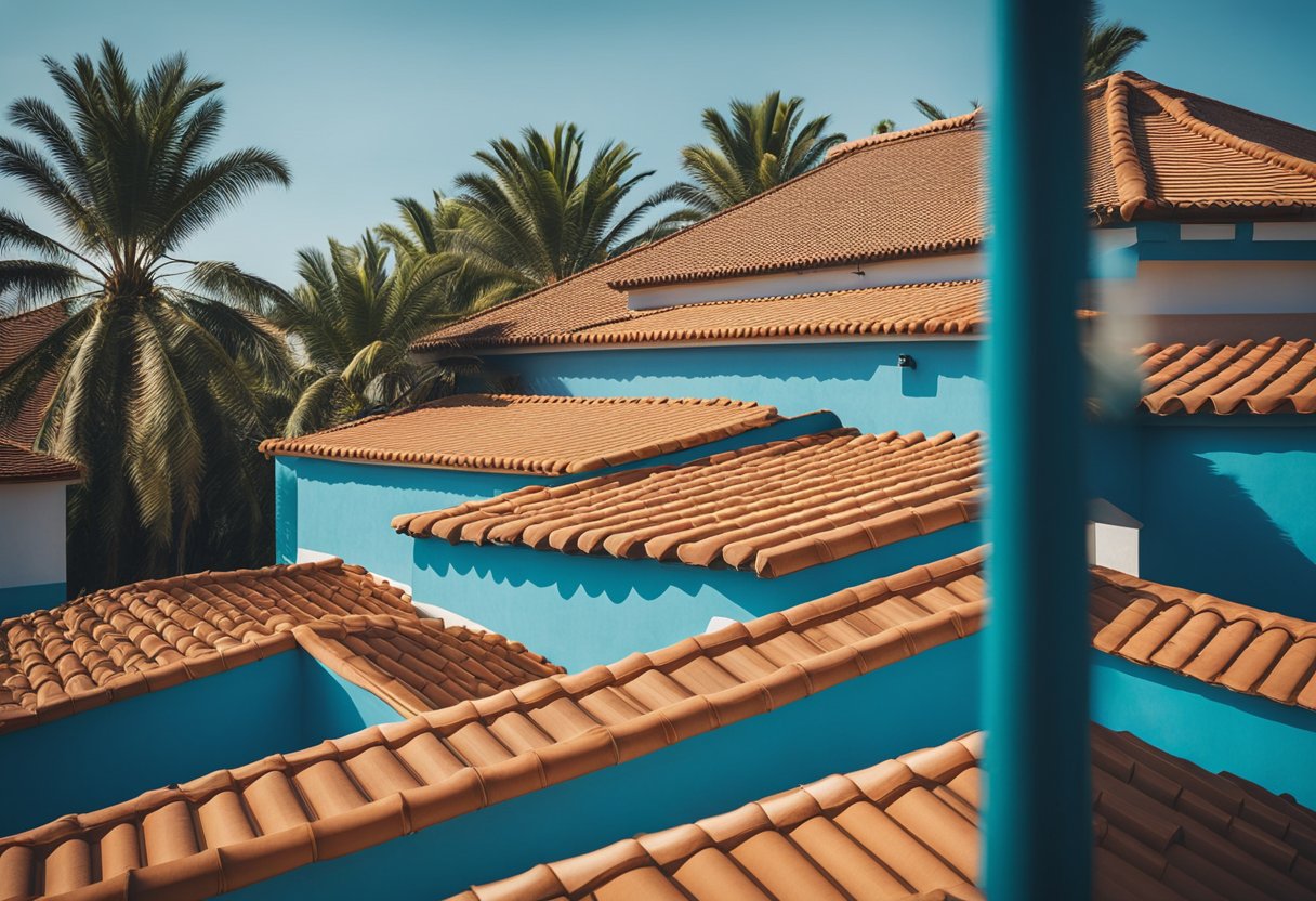 A roof with palm trees in the background, under a clear blue sky. The sun is shining, and the roof appears well-maintained