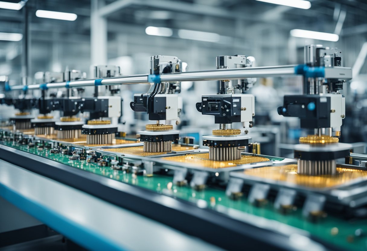 Electronic PCB assembly machines populate a vast manufacturing floor with robotic arms and conveyor belts