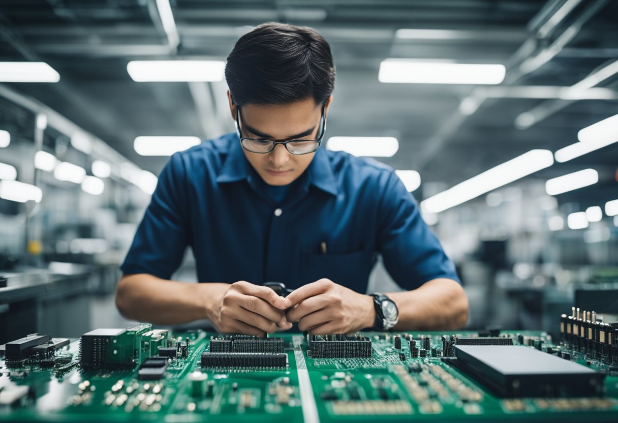 An engineer examines a list of criteria for choosing a PCB assembly manufacturer, surrounded by circuit boards and manufacturing equipment