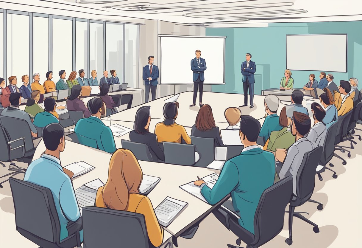 A group of salespeople gather in a conference room, listening attentively to a speaker presenting a comprehensive guide on preparing for conferences