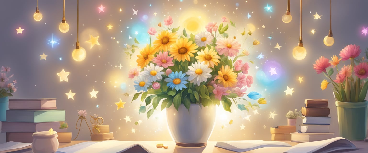 A bright light shining down on a blank canvas, surrounded by symbols of positivity and growth, such as flowers, stars, and affirmations
