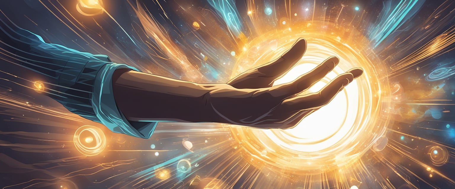 A hand reaching out towards a glowing light, surrounded by swirling energy and symbols