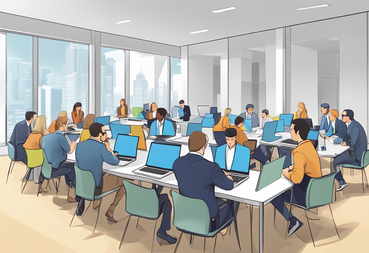 A group of salespeople preparing for a conference, reviewing materials and practicing presentations. Tables are covered with brochures and laptops