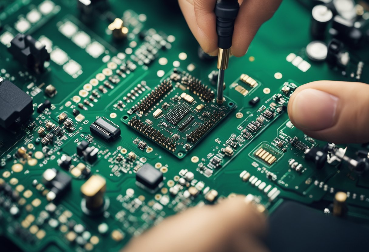 Multiple electronic components being carefully assembled onto a printed circuit board (PCB) using precision tools and equipment
