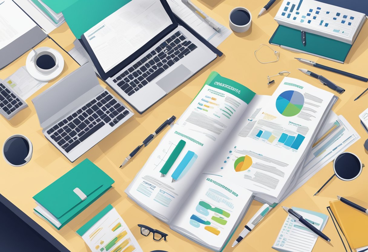 A table with conference materials: brochures, notepads, and pens laid out neatly. A banner with the title "Preparing Salespeople for Conferences: A Comprehensive Guide" hangs in the background