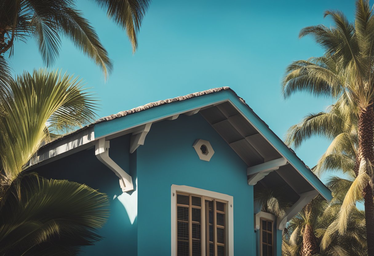 A gabled roof with overhangs and vents, surrounded by palm trees and a bright blue sky