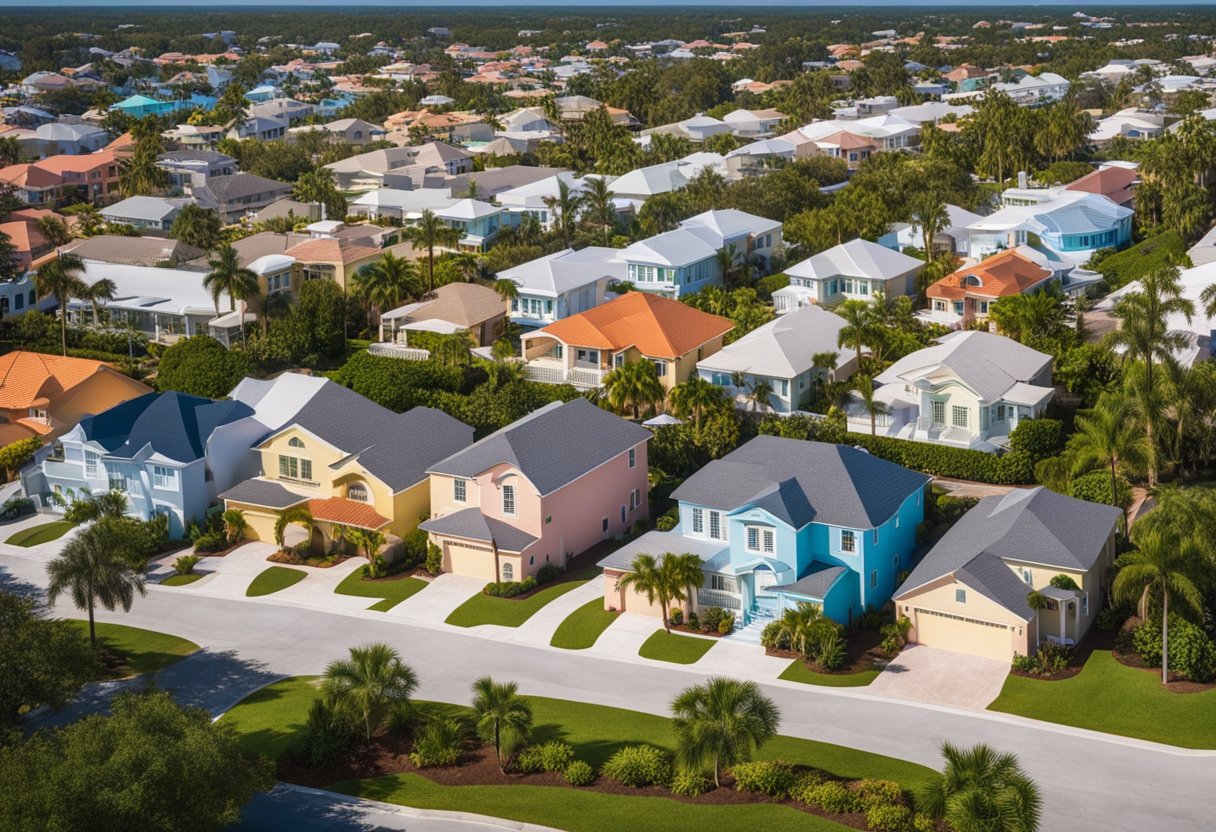 A sunny Florida landscape with various types of roofs - gable, hip, and flat - on colorful houses