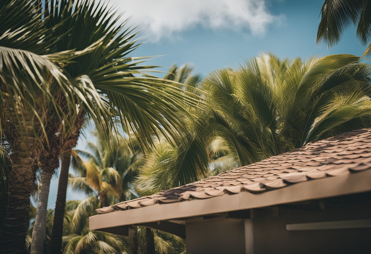 A sturdy, sloped roof withstands Florida's harsh climate. Palm trees sway in the background