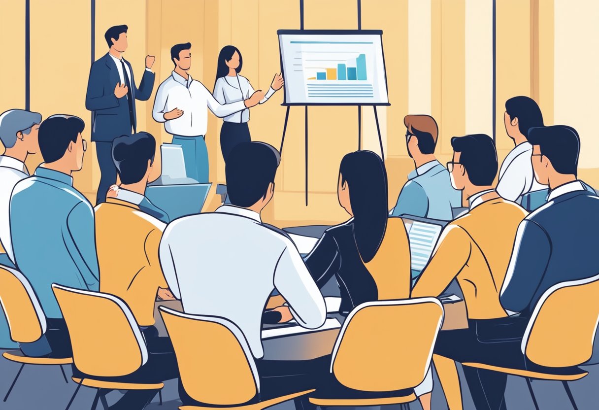 A group of salespeople are engaged in a conference, receiving comprehensive training to maximize their benefits from participation