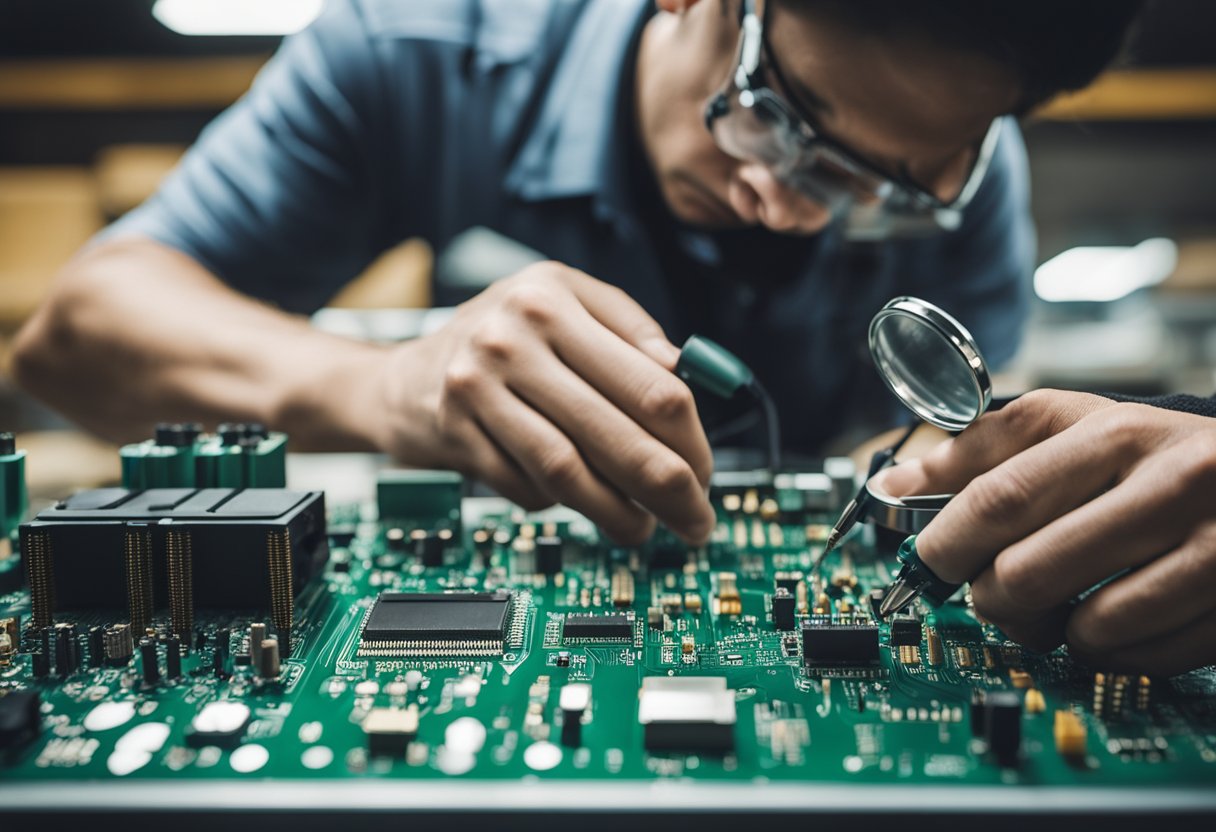 A PCB assembly laid out on a workbench, with a technician using a magnifying glass to inspect the soldering joints and components