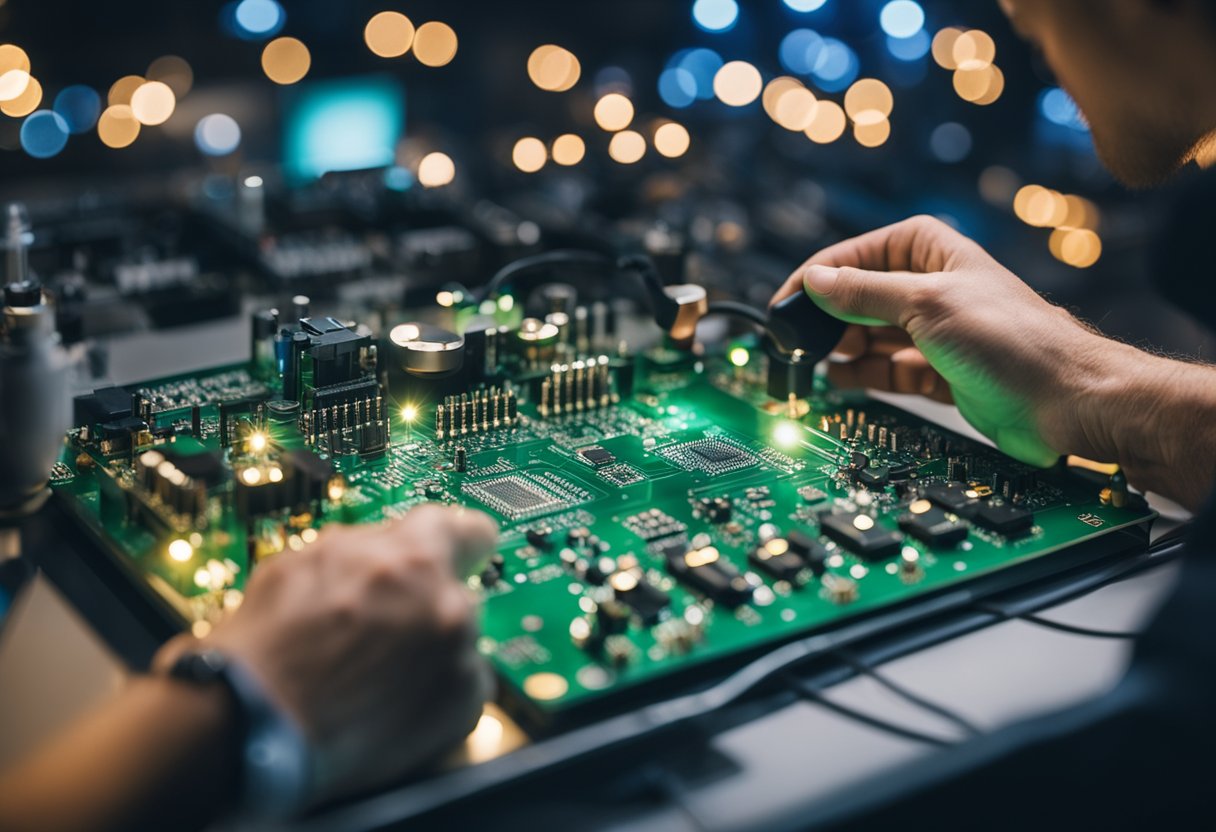 An inspector examines a PCB assembly under bright lights, with a checklist and tools nearby