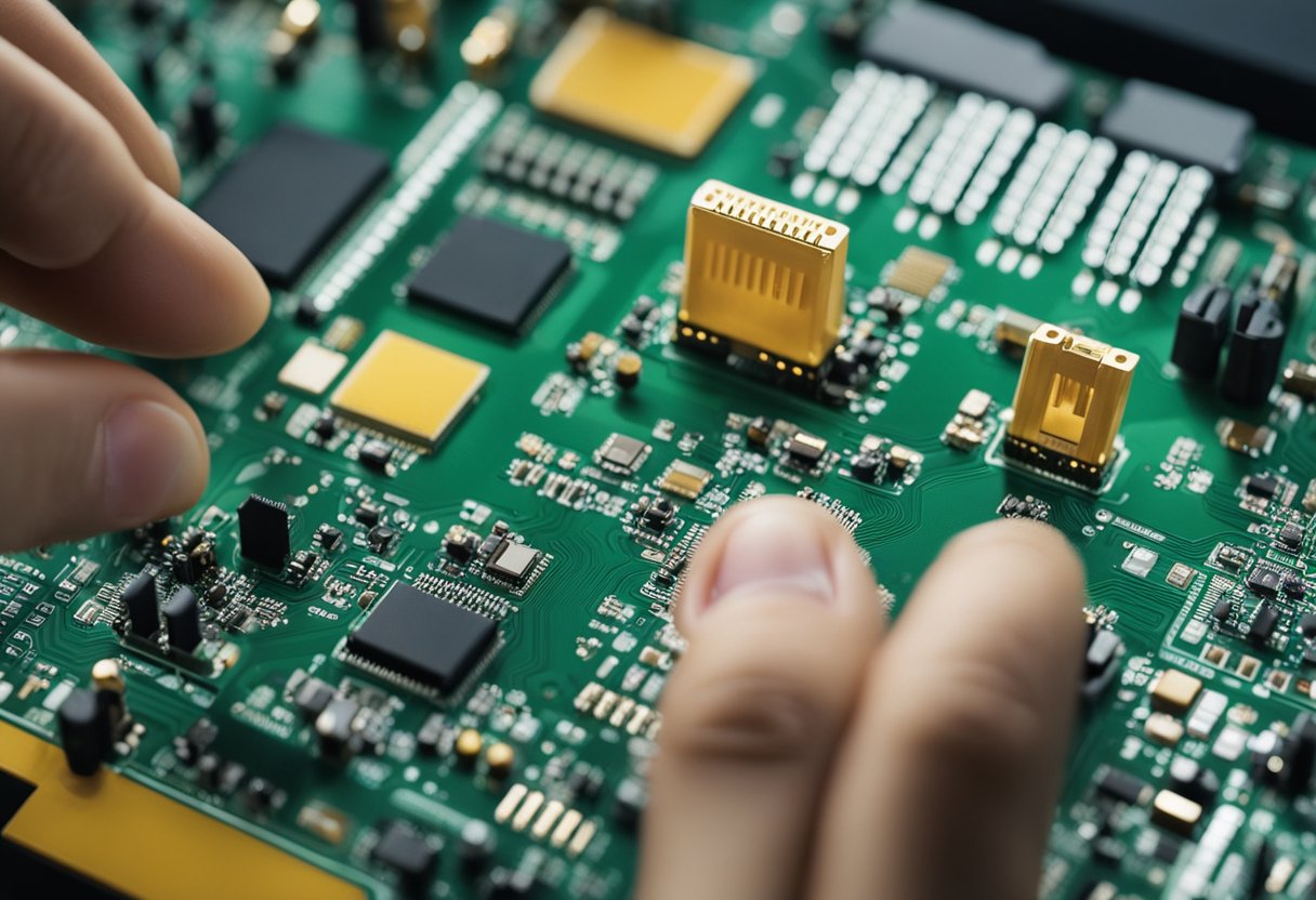 A PCB assembly is being inspected using various methods, with a report format visible on the table