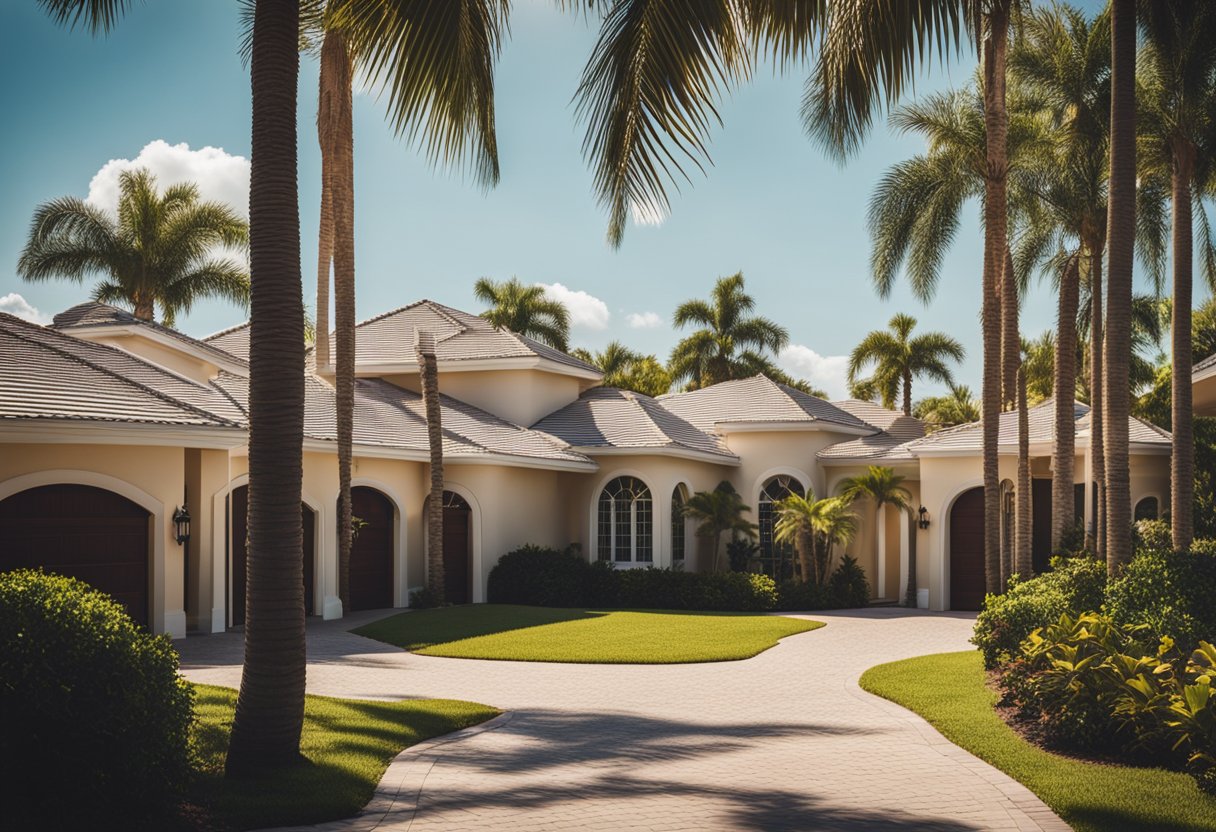 A sunny Florida landscape with various roof shapes (gable, hip, flat) and palm trees in the background