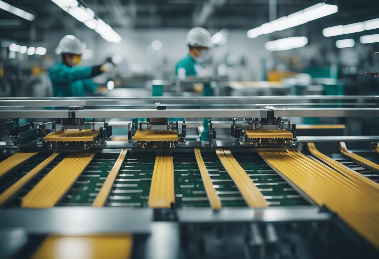 Machines fabricate PCBs in a Chinese factory: conveyor belts move boards through etching, drilling, and assembly processes
