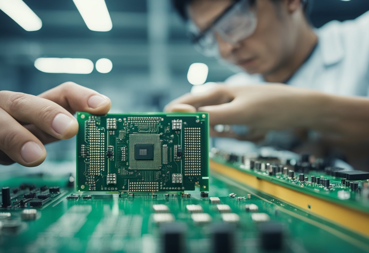 PCB components are being placed and soldered onto the board in a manufacturing facility in China. Machinery is in motion, and workers are overseeing the assembly process
