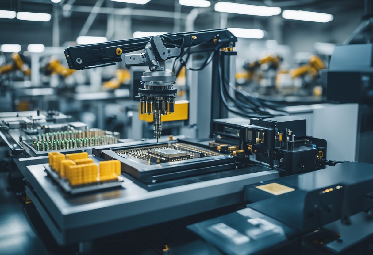 A pick and place machine for PCB assembly sits in a well-lit factory, surrounded by various components and tools. Its robotic arms are poised to carefully place tiny electronic parts onto a circuit board