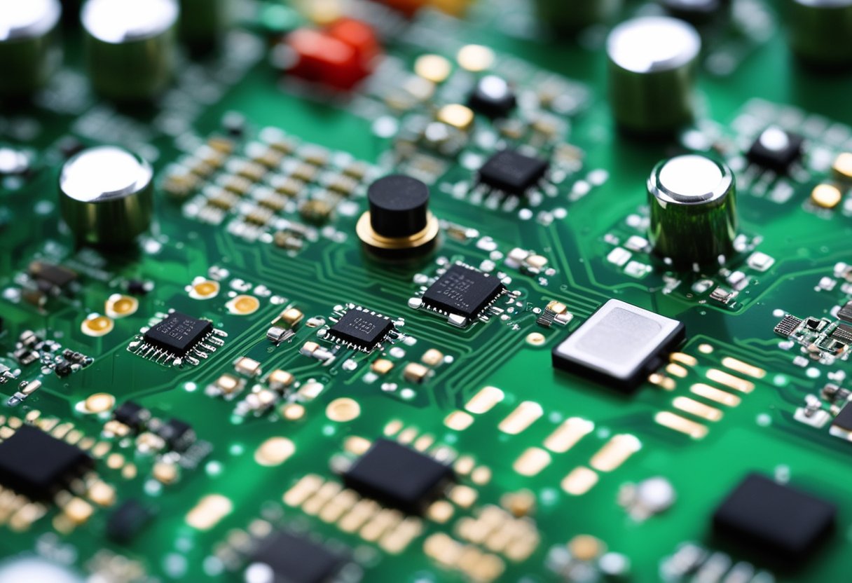PCB components being soldered onto an electronic board. Soldering iron, resistors, capacitors, and other components arranged on the board
